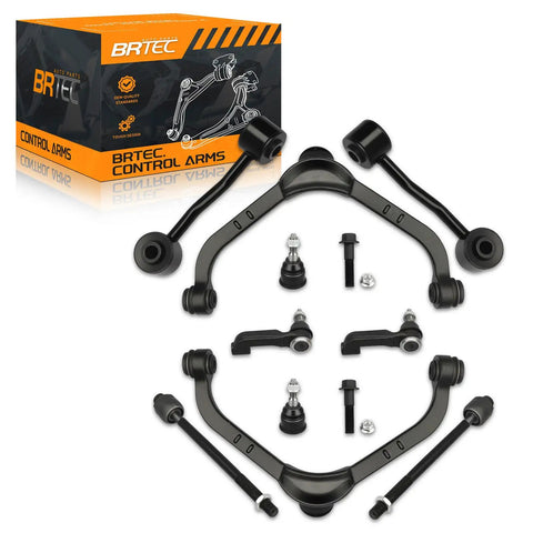 Jeep Liberty Front Upper Control Arms Kit 10Pc Replacement For 2002 2003 2004 2.4L 3.7L With Lower Ball Joints Inner And Outer Tie Rods Sway Bar Links Front End Suspension Upgrade For Smoother Tighter Steering control arms and hardware laid out