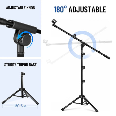 Floor Mic Stand With Adjustable Tripod Boom Arm, Carrying Bag, Two Mic Clips, 3/8 to 5/8 Inch Adapter, features adjustable knob and stable base