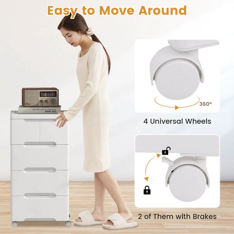 Five Drawer Rolling Storage Cart On Wheels White Plastic Organizer For Home Office And Living Room Mobile Cabinet With Three Large And Two Small Drawers Durable Vertical Storage Tower 16x13x31, woman standing next to cart, image showing wheels with brakes.