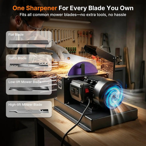 Badass Bench Mower Blade Sharpener With Slick Ceramic Grinding Wheel And Rock Solid 750 Watt Motor For High Low Lift Flat And Gator Blades in use sharpening mower blades.