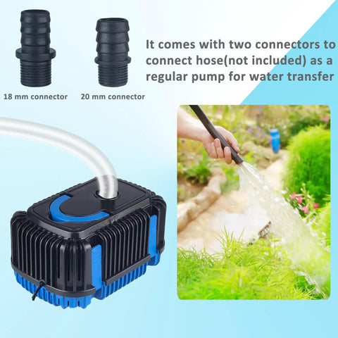 Pond Filter With Pump And Fountain Kit With RGB Light For Outdoor Ponds No Fuss Setup Submersible Pump with connectors shown