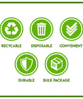 Graphic showing recyclable, disposable, convenient, durable, and bulk package icons for 25 Pack 1/4 Size Cookie Sheet Baking Pans.
