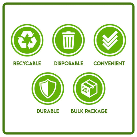 Graphic showing recyclable, disposable, convenient, durable, and bulk package icons for 25 Pack 1/4 Size Cookie Sheet Baking Pans.