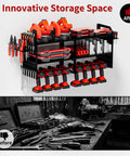 Power Tool Organizer Wall Mount With Pegboard Seven Drill Holders Heavy Duty Metal Garage Storage Rack installed