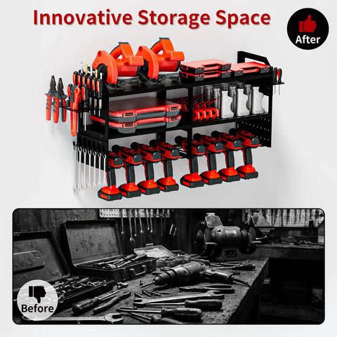 Power Tool Organizer Wall Mount With Pegboard Seven Drill Holders Heavy Duty Metal Garage Storage Rack installed