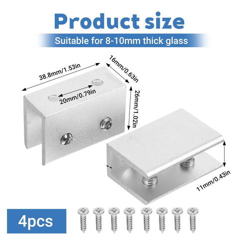 Heavy Duty Glass Shelf Brackets, Adjustable Stainless Steel Wall Mount Clamp Holders For 6-10mm Wood Or Glass Shelves, 4 Pack, Clip Style Support Hardware Replacement Parts, 8-10mm glass size with screws