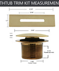 Knockout Polished Brass Tip Toe Bathtub Drain Stopper Kit Features Linear Overflow Faceplate measurements and assembly details.