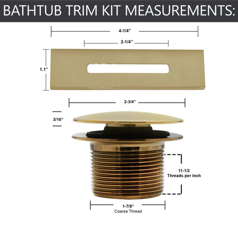 Knockout Polished Brass Tip Toe Bathtub Drain Stopper Kit Features Linear Overflow Faceplate measurements and assembly details.