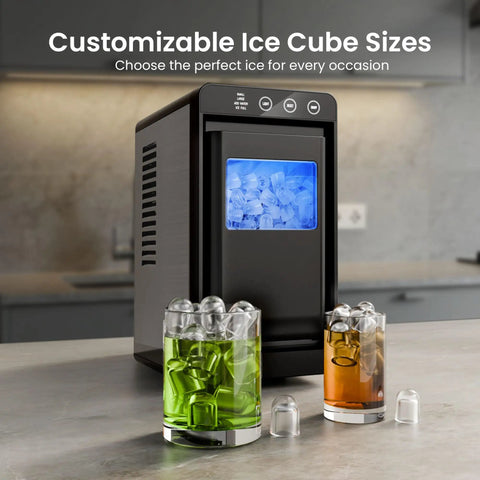 Countertop Ice Maker Machine Portable With Self Cleaning Function, 26 Lbs Per Day, Bullet Ice In 6 To 8 Minutes, shown on kitchen counter