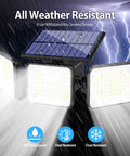 Solar Outdoor Motion Sensor Lights With Three Heads 3000LM Bright 180 LED Security Flood Lights showing weather resistance