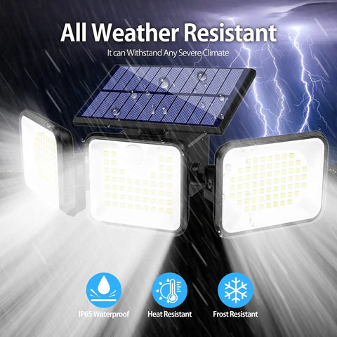 Solar Outdoor Motion Sensor Lights With Three Heads 3000LM Bright 180 LED Security Flood Lights showing weather resistance