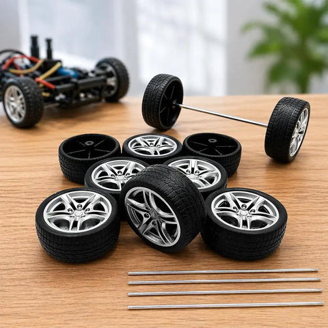 Ten Pack 48mm Toy Car Rubber Wheels With 5 Shaft Axles For RC Cars Trucks Robots DIY Models And Hobby Builds displayed on table
