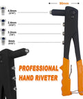 60-Piece Large Flange Aluminum Blind Rivets Kit With Heavy Duty Hand Riveter Tool shown with dimensions and rivet sizes.