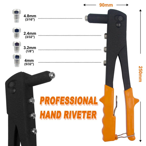 60-Piece Large Flange Aluminum Blind Rivets Kit With Heavy Duty Hand Riveter Tool shown with dimensions and rivet sizes.