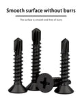 Top Shelf Phillips Flat Head Self Drilling Screws featuring smooth countersink head, black zinc steel, size 10 by 1 half inch.