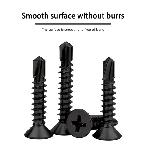 Top Shelf Phillips Flat Head Self Drilling Screws featuring smooth countersink head, black zinc steel, size 10 by 1 half inch.