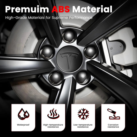 Close-up of 4 Pack Car Wheel Center Hub Cap Kit With 22 Lug Nut Covers 2.2 Inch 56mm Rim Caps for Tesla with matte black finish