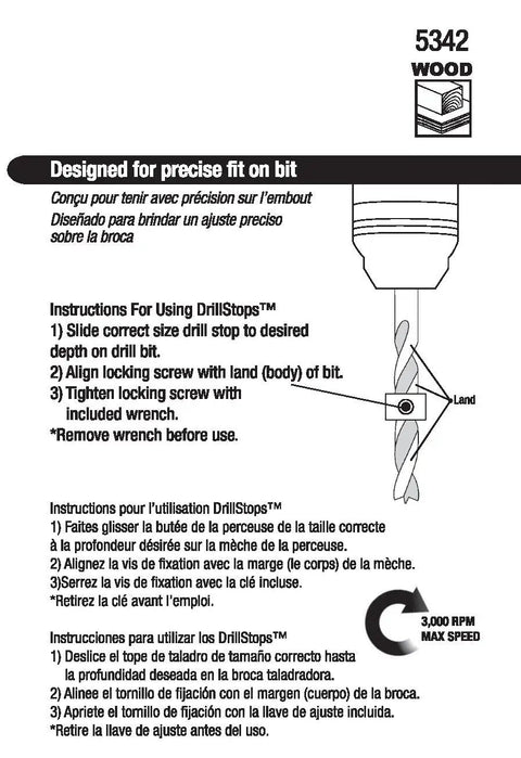 Instructions for Top Shelf 6 Pc Drill Stop Set With Quick Adjust Depth Stops for precise fit on bit.