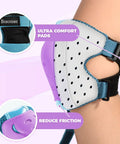Close-up of Kickin Safe Kids Protective Gear Set knee pad with ultra comfort pads, purple accents, sizing label on textile.