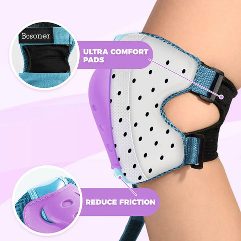 Close-up of Kickin Safe Kids Protective Gear Set knee pad with ultra comfort pads, purple accents, sizing label on textile.