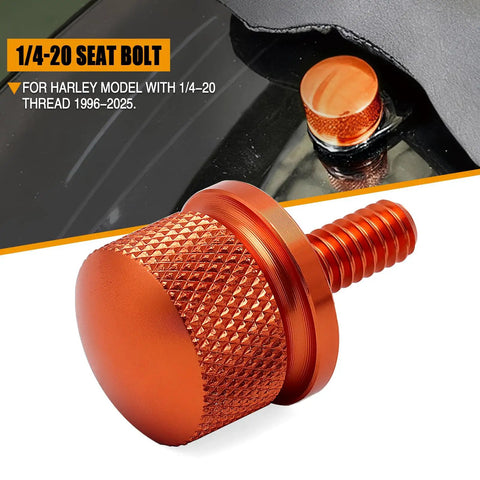 Knurled Aluminum Rear Seat Screw With Rubber Ring For Quarter Inch Twenty Thread Fits Touring Sportster Softail Dyna Street Glide Road King Fat Bob 1996 2025 Orange