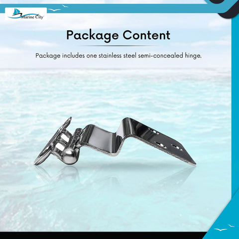 Close-up of Marine City 304 stainless steel semi-concealed cabinet hinge for marine use.