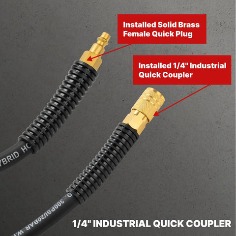 Three Eighths Inch Hybrid Air Hose 50 Foot Heavy Duty Air Compressor Hose With Kink Resistant Design All Weather Flex Includes One Quarter Inch Industrial Quick Coupler Fittings Bend Restrictors 300 PSI Black showing 1/4 inch coupler and plug