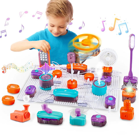 Child playing with Science Circuit Kit For Kids With 53 Pieces And 150 Plus Projects, Hands On Electronics Exploration Set for physics experiments