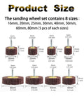Eight sizes of 40 Pack One Quarter Inch Shank Abrasive Flap Wheel Sander Set displayed with dimensions in mm and inches.