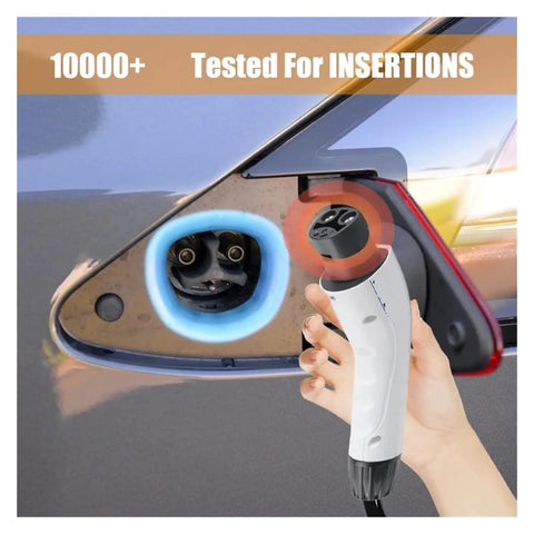 Plug And Play Portable 3.5Kw 7Kw EV Charger Nacs Socket Evse Fast Charging Cable With Cee Plug, hand holding cable near EV socket.
