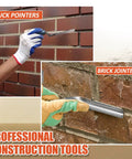 Professional Grade Masonry Mortar Bags 3 Pack Featuring Heavy Duty PVC Body And Rugged Stainless Steel Tips plus tucker pointer and brick jointer tools in use.