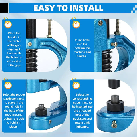 Installation guide for Three Die Hand Press Grommet Machine With Size 0 2 4 Dies And 1500 Grommets Kit for DIY use, showing step-by-step instructions.