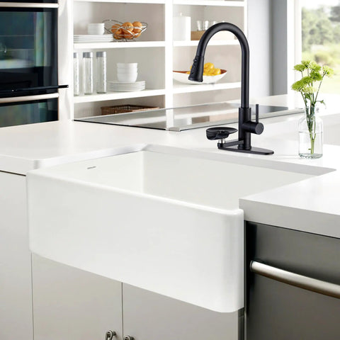 COXOVAY Pull Down Kitchen Faucet with Glass Rinser Single Handle Kitchen Sink Faucet with Pull Out Sprayer, Glass Rinser Faucet for Kitchen Sink 1 Hole or 3 Hole, Black mounted on a modern sink in a stylish kitchen.