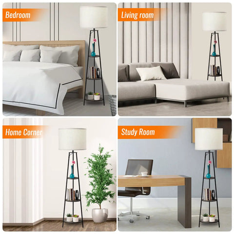 Three Tier Round Corner Floor Lamp With Shelves Dimmable Levels White Fabric Shade Tall Modern Standing Lamp in various rooms