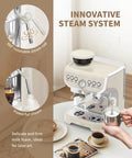 Retro White Espresso Machine With Built In Grinder And Steam Wand Featuring Pre Infusion For A Smooth Daily Grind, Compact home coffee maker with 360° steam rod.