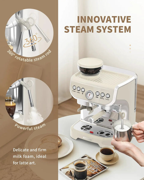 Retro White Espresso Machine With Built In Grinder And Steam Wand Featuring Pre Infusion For A Smooth Daily Grind, Compact home coffee maker with 360° steam rod.