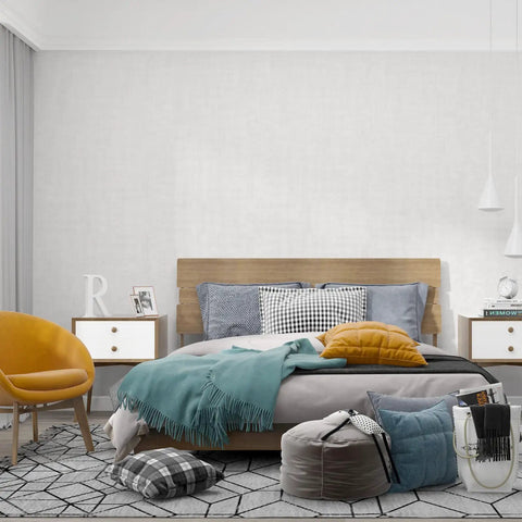 Bedroom with Grasscloth Linen Textured Cream Peel And Stick Wallpaper Roll 24 Inch By 394 Inch For Walls Cabinets countertops and Fireplace Decor Removable Durable Grassweave Style With Easy Application Scraper Included behind bed.