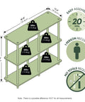 Diagram of Toolless 3-Tier Corner Storage Shelf, 47.4-Inch Wide Espresso Open Shelves with dimensions, weight capacity, and assembly info