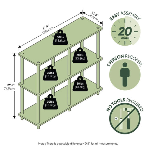 Diagram of Toolless 3-Tier Corner Storage Shelf, 47.4-Inch Wide Espresso Open Shelves with dimensions, weight capacity, and assembly info