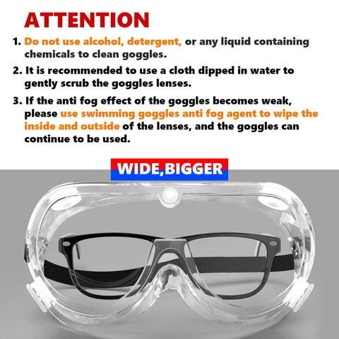 Anti Fog Safety Goggles 4 Pack With Clear Lens Wide Vision Adjustable Fit Chemical Splash Eyewear with care instructions