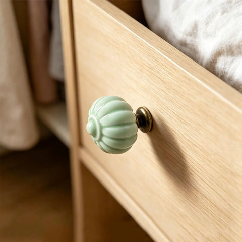 Fresh Vintage Light Green Ceramic Pumpkin Drawer Knobs And Cabinet Pulls With No Mess Installation on a wooden drawer.