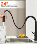 Matte Black Pull-Down Kitchen Faucet With Dual Function Spray Head RB1031 extended over sink