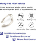 10 Pack 3 Inch Brushed Nickel Cabinet Pulls with service details including no shaking, no fingerprint, anti-corrosion, easy installation