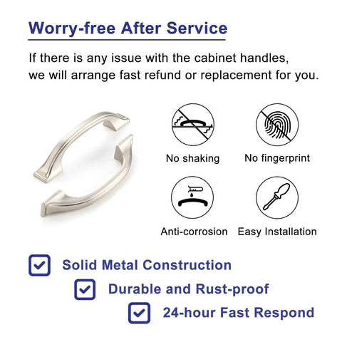 10 Pack 3 Inch Brushed Nickel Cabinet Pulls with service details including no shaking, no fingerprint, anti-corrosion, easy installation