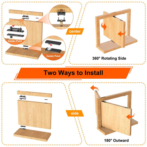 Illustration showing installation options for Beefy Heavy Duty Hidden Door Hinge With 570 Pound Load Bearing Thickened Solid Alloy Steel.