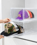 Sleek Stackable Clear Hat Organizer Two Pack With Smooth Glide Drawers Holds A Dozen Baseball Caps Each for convenient storage.