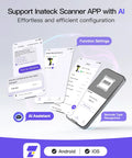 Support Inateck Scanner app interface showing AI assistant, function settings, and barcode type recognition features on iOS and Android.
