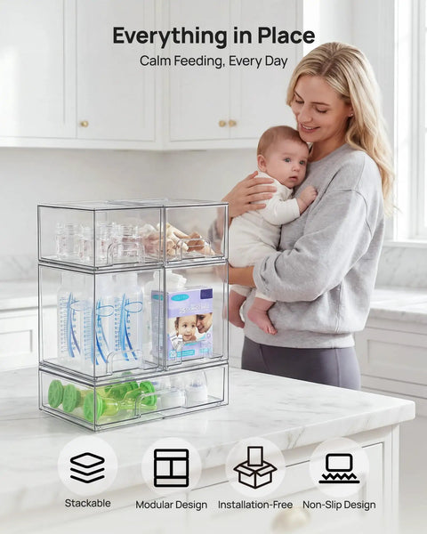 Clear Stackable Storage Drawers Set Of 5 Plastic Organizer Bins With Built In Handles For Countertop Space Saving Storage, organized with baby bottles.