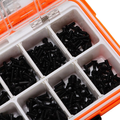 Universal 537 Piece RC Screw Kit With Stainless Steel Hardware For One Eighth One Tenth One Twelfth One Sixteenth Scale RC Cars Trucks And Crawlers M3 M4 Screws Nuts Bolts Washers Double Sided Storage Case, black screws in organizer