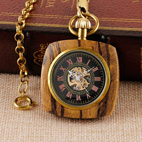 Retro Square Red Brown Wooden Hand Wind Pocket Watch For Men With Chain Capless Hollow Mechanical Timepiece No Battery Classic Vintage Vibe For Everyday Carry